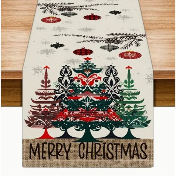 Merry Christmas table Runner 13x72in Woven Polyester Trees & Ornaments - Picture 1 of 3